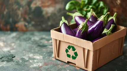 Fresh eggplants with a green recycle symbol imprinted on box, representing eco-friendly and sustainable food choices in line with the zero waste lifestyle movement.