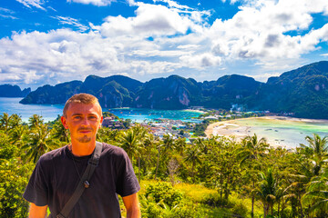 Tourist at Koh Phi Phi Thailand island viewpoint panorama view.