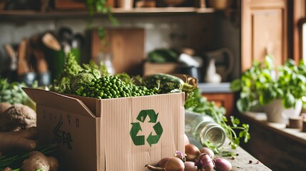 An eco-friendly cardboard box adorned with the universal recycling symbol, brimming with fresh, vibrant green peas, illustrating the concept of sustainable packaging and composting practices. - obrazy, fototapety, plakaty