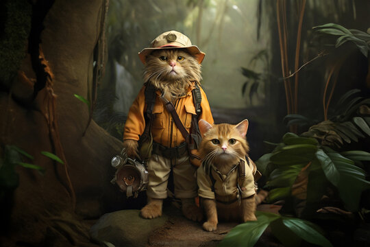 A cat in an adventurous outfit is exploring the forest