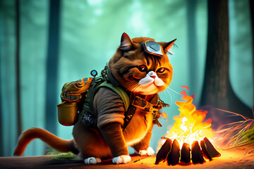 cute fat cat dressed as a forest explorer is burning a campfire