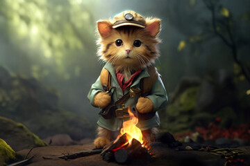 cute terrier cat dressed as a forest explorer is burning a campfire - obrazy, fototapety, plakaty