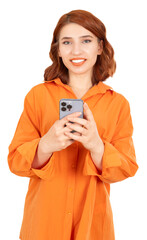 Using smartphone, portrait of beautiful red bob hair caucasian happy woman using smartphone....