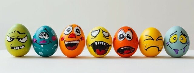 Easter Eggs bring laughter to the scene as they proudly display their funny expressions, arranged in perfect harmony against a spotless white canvas