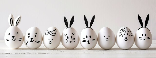 Gather 'round for a whimsical sight! Easter Eggs, each with comical faces, line up beside one another on a clean white backdrop, sparking happiness and amusement