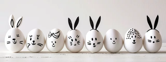 Foto op Canvas Gather 'round for a whimsical sight! Easter Eggs, each with comical faces, line up beside one another on a clean white backdrop, sparking happiness and amusement © Infini Craft