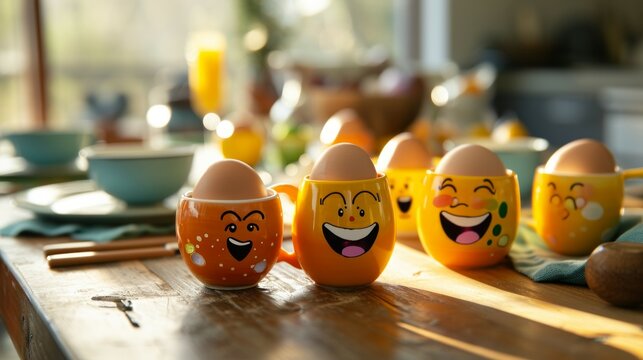 Easter Eggs, in egg cups, with faces of laughter and joy, brightening up the Easter breakfast table