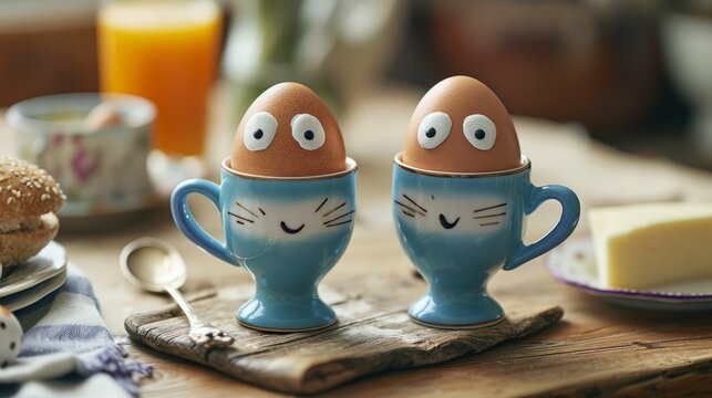 Easter Eggs, each with a unique funny face, sitting in egg cups on a beautifully set Easter table