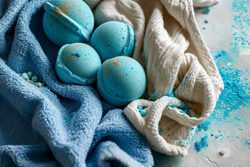 Blue golden bath bombs on weathered white table, spa arrangement