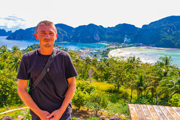 Tourist at Koh Phi Phi Thailand island viewpoint panorama view.