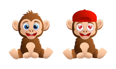 Set сute cartoon monkey children's vector illustration. For poster, greeting card and children's design.