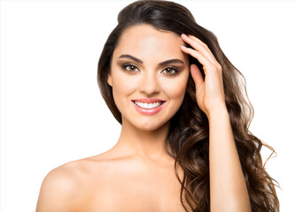 Fototapeta premium Beautiful smiling brunette on white background