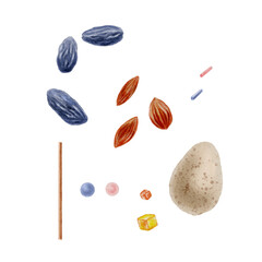 Easter set of raisins, almonds, candied fruits, decorative decorations, rice balls, quail egg and skewer for topper.