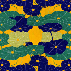 Ilustracja grafika motyw roślinny zielone niebieskie liście nasturcji na żółtym tle. - obrazy, fototapety, plakaty