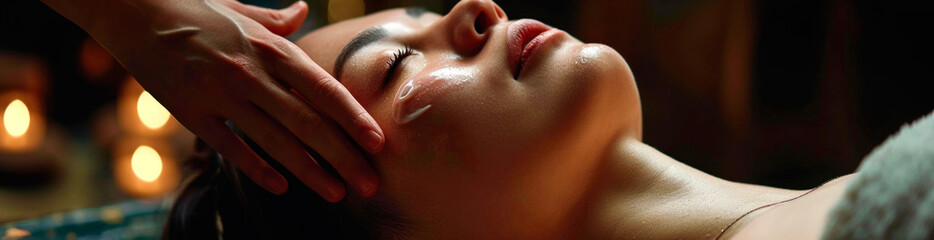 Fototapeta premium Beautiful young woman receiving massage in spa salon. AI generated.