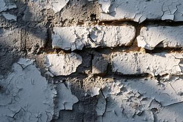 Close-up of cracked white paint on brick wall