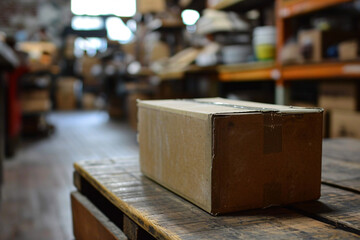 Cardboard box on a wooden table in a warehouse