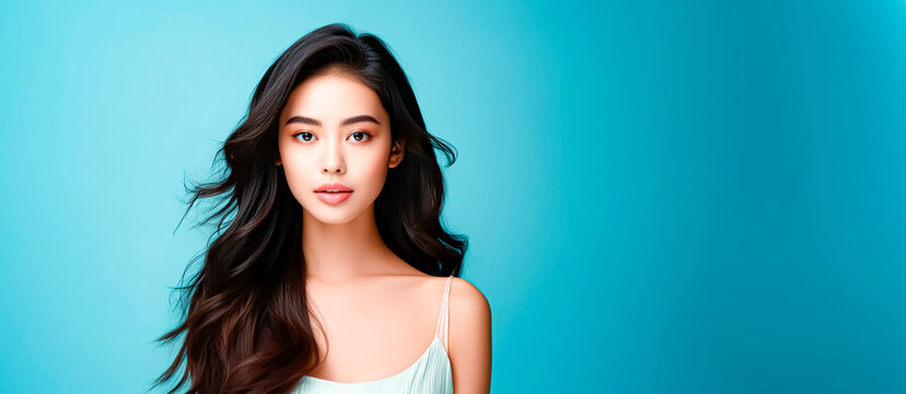 Young Asian model on light blue background. Space for text.