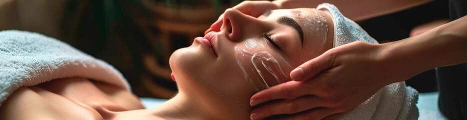 Fototapeta premium Beautiful young woman receiving massage in spa salon. AI generated.