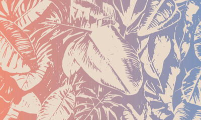Colorful gradient grunge background. Tropical leaves. Vector