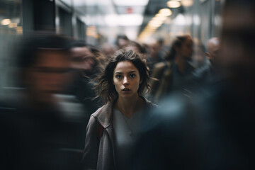 A woman with a fearful expression on her face amid a rushing crowd, people rushing past, depicting the concept of fear, agoraphobia, shock, or loneliness