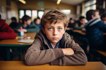 Portrait of a young boy in his school class looking bored - Powered by Adobe