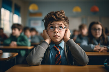 A young boy during a lesson in his classroom at school looking nervous and overwhelmed