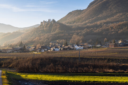 A scenery view of French vineyard field with leafless and dried trees during winter and mountain with fortress over the hill in background. Evening sunlight ray