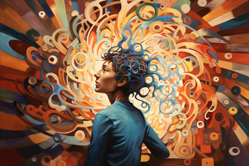 A young boy surrounded by chaotic thoughts, intrusive thoughts, or overthinking, depicting the concept of neurodiversity, ADHD or Autism