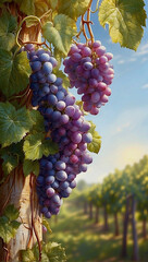 AI generated illustration of a cluster of fresh, ripe grapes hanging from a grapevine on a sunny day