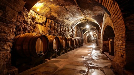 An underground vintner in the shape of a vaulted cellar. Wine barrels. Stone walls.
