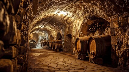 An underground vintner in the shape of a vaulted cellar. Wine barrels. Stone walls.