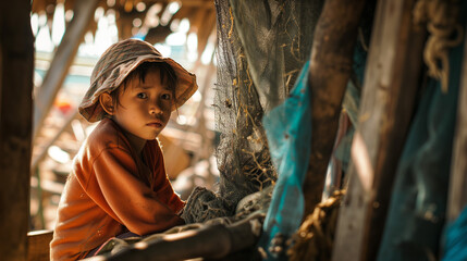 an asian young child in a fisherman's shed with a net