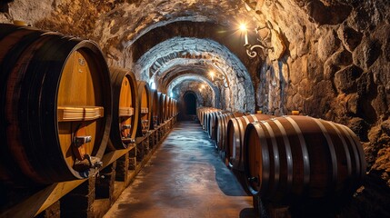 An underground vintner in the shape of a vaulted cellar. Wine barrels. Stone walls.