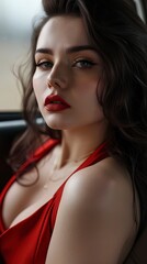 brunette female sitting inside a car, red lips, makeup, busines casual clothes