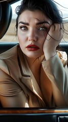 brunette female sitting inside a car, red lips, makeup, busines casual clothes