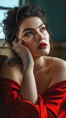 brunette female sitting inside a car, red lips, makeup, busines casual clothes