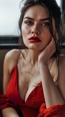 brunette female sitting inside a car, red lips, makeup, busines casual clothes