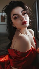 brunette female sitting inside a car, red lips, makeup, busines casual clothes