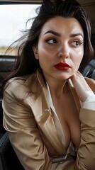 brunette female sitting inside a car, red lips, makeup, busines casual clothes