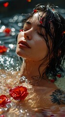 gorgeous black haired woman with tattoos, rose petals floating in a bathtub