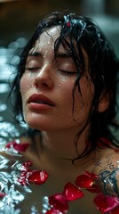 gorgeous black haired woman with tattoos, rose petals floating in a bathtub