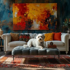 White maltese dog on a couch in the living room