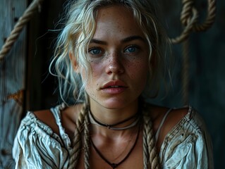 A frustrated blonde woman posing with ropes on a ship.