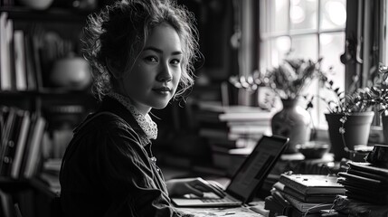 A joyous businesswoman engaged with her company's webpage on a laptop. Success. Cozy home office, surrounded by stacks of books and aromatic coffee, reflecting her determination and persistence.