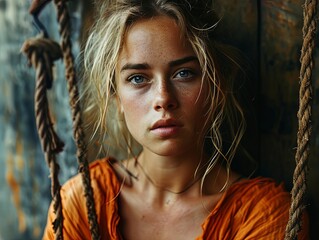 A frustrated blonde woman posing with ropes on a ship.