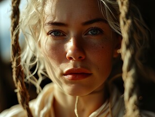 A frustrated blonde woman posing with ropes on a ship.
