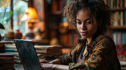A joyous businesswoman engaged with her company's webpage on a laptop. Success. Cozy home office, surrounded by stacks of books and aromatic coffee, reflecting her determination and persistence.