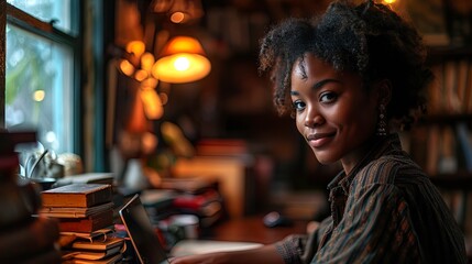 A joyous businesswoman engaged with her company's webpage on a laptop. Success. Cozy home office, surrounded by stacks of books and aromatic coffee, reflecting her determination and persistence.