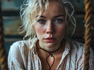 A frustrated blonde woman posing with ropes on a ship.